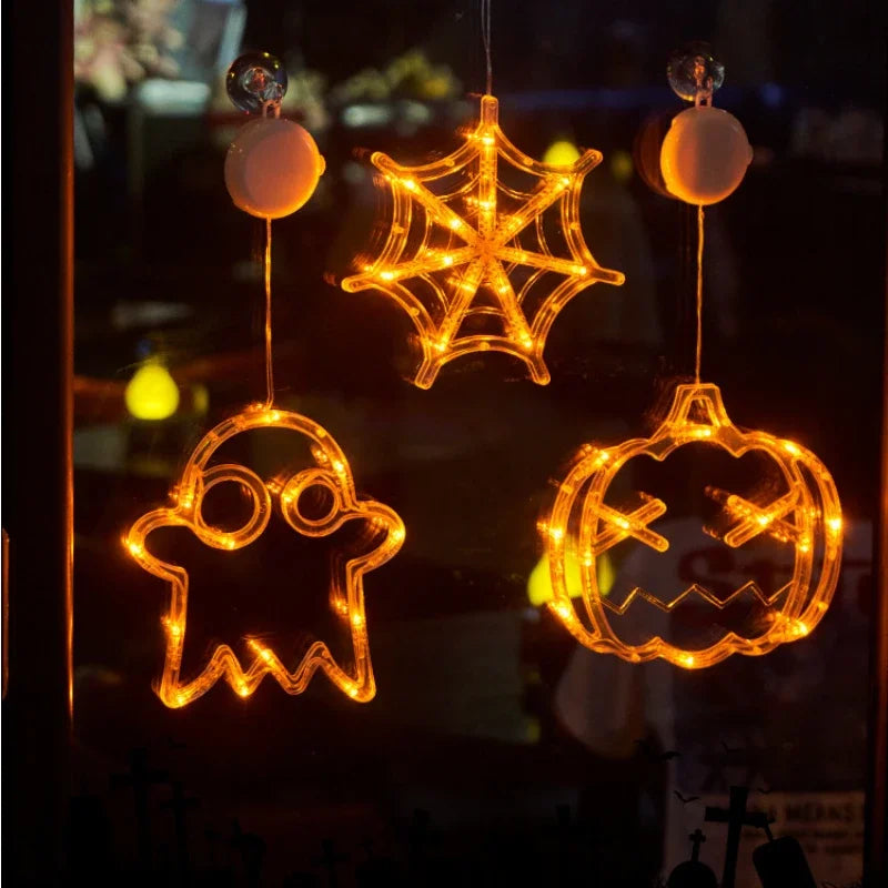 🎃 Halloween LED Fensterdeko – Kürbis, Geist & Spinne (20 cm)