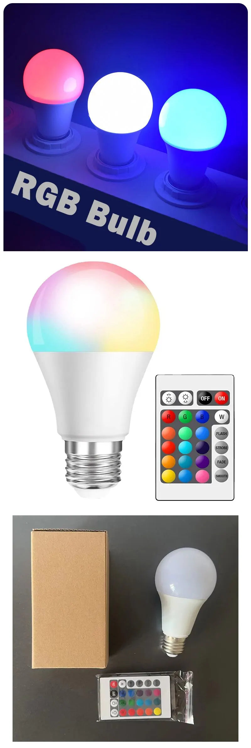 🌈 LED RGB Glühbirne mit Fernbedienung – 16 Farben, dimmbar, E27