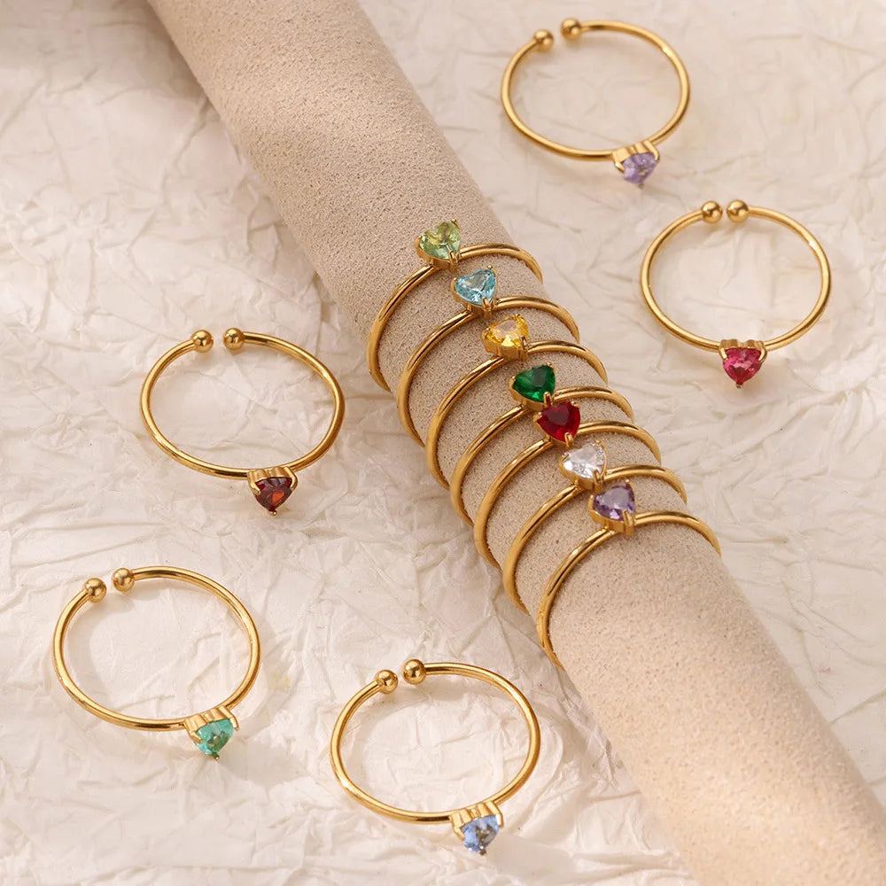 💖 Zirkon Herz Geburtsstein Ring – Verstellbarer Edelstahlring in Gold 🎁✨