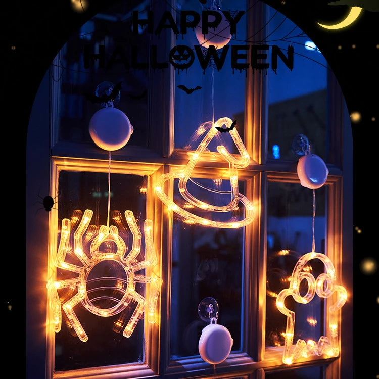 🎃 Halloween LED Fensterdeko – Kürbis, Geist & Spinne (20 cm)