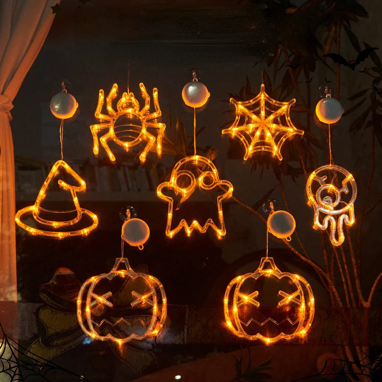 🎃 Halloween LED Fensterdeko – Kürbis, Geist & Spinne (20 cm)
