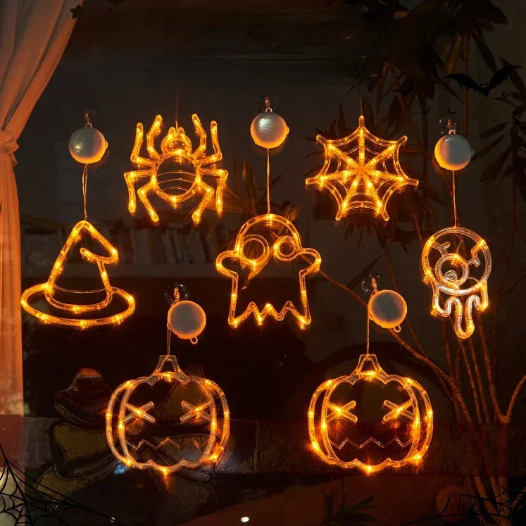 🎃 Halloween LED Fensterdeko – Kürbis, Geist & Spinne (20 cm)