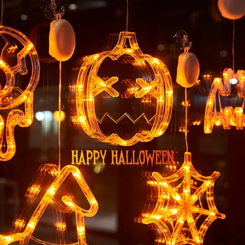 🎃 Halloween LED Fensterdeko – Kürbis, Geist & Spinne (20 cm)