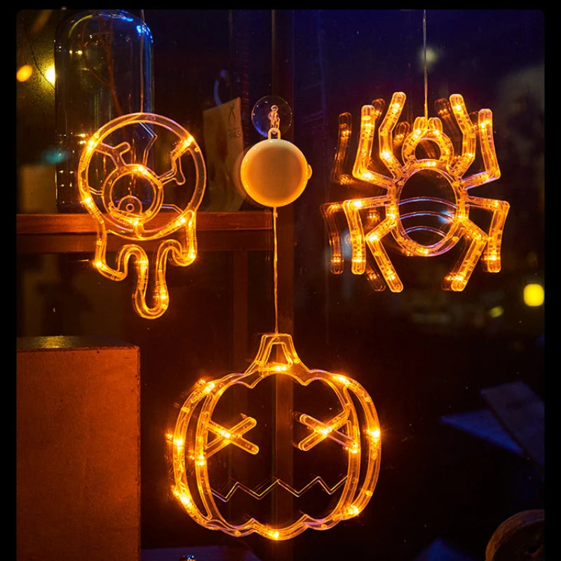 🎃 Halloween LED Fensterdeko – Kürbis, Geist & Spinne (20 cm)