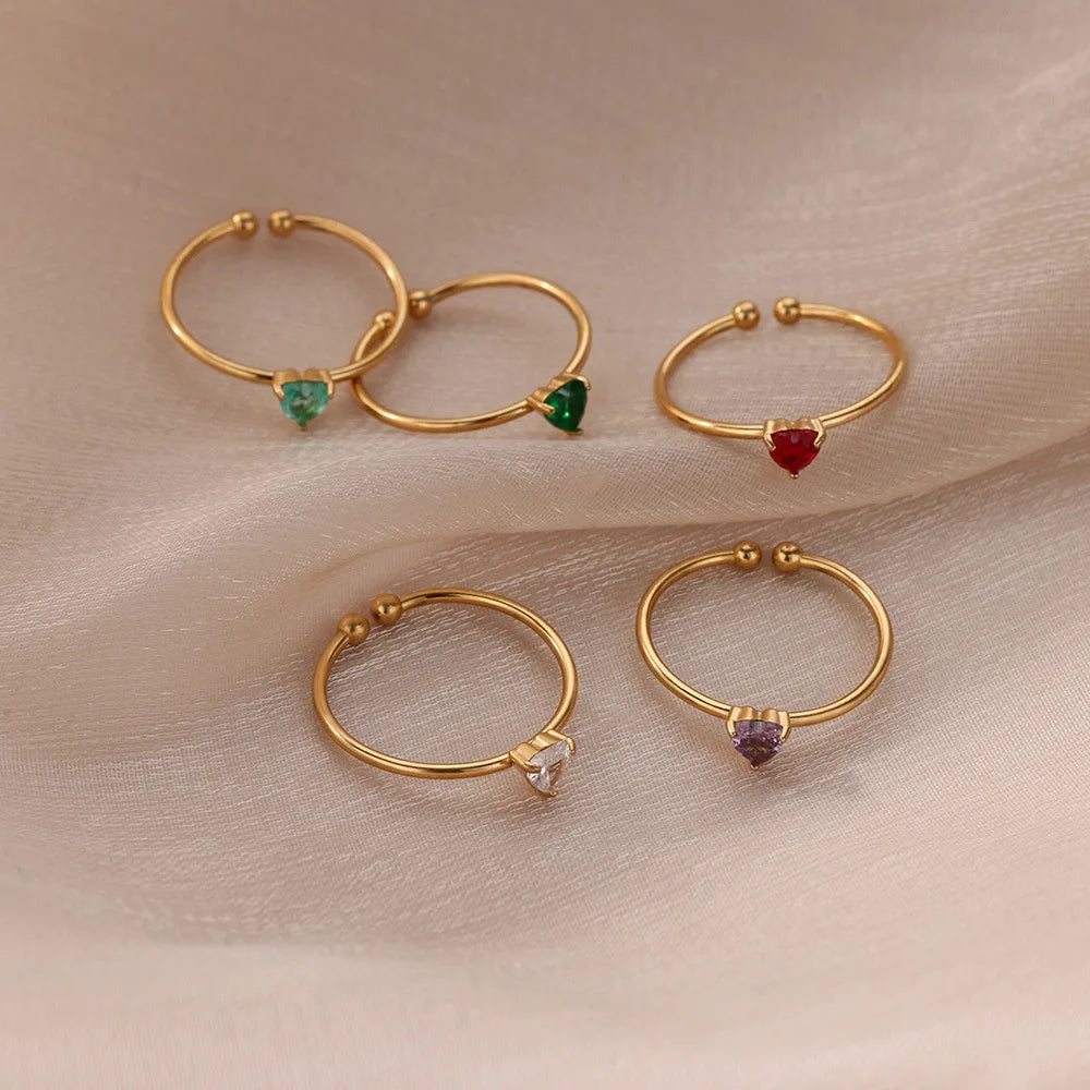 💖 Zirkon Herz Geburtsstein Ring – Verstellbarer Edelstahlring in Gold 🎁✨