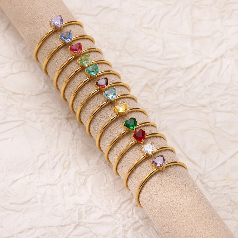 💖 Zirkon Herz Geburtsstein Ring – Verstellbarer Edelstahlring in Gold 🎁✨